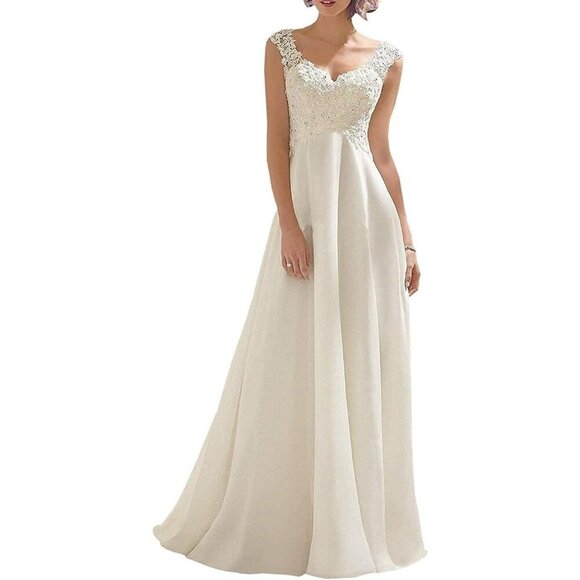 Dresses & Skirts - Women's Off-white Lace Double V-neck Sleeveless Imported Evening Wedding Dress